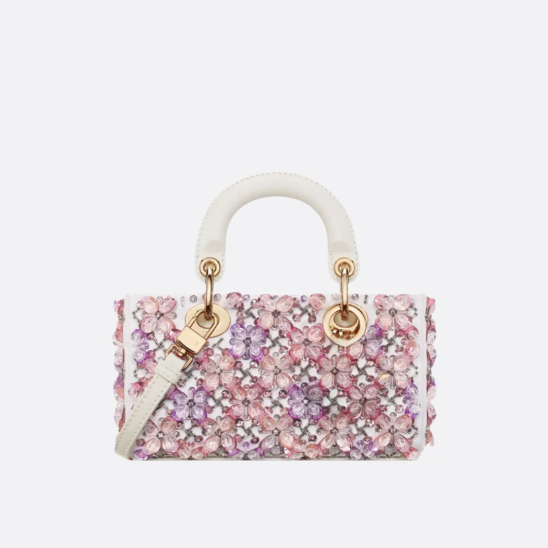Bag Lady Dj Micro – White Calfskin w/ Pink Floral Emb & Strass